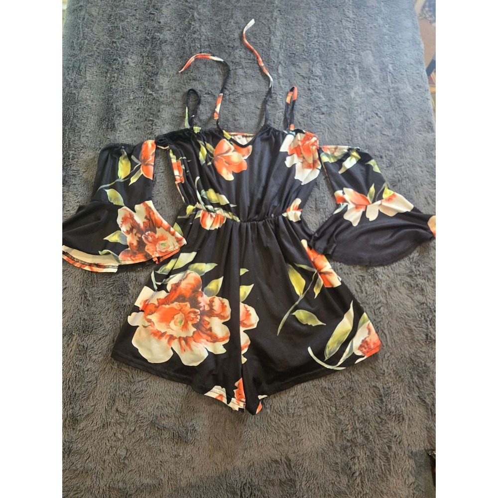 Floral Cold Shoulder Romper Bell Sleeve Halter Neck Black Orange Boho Size M